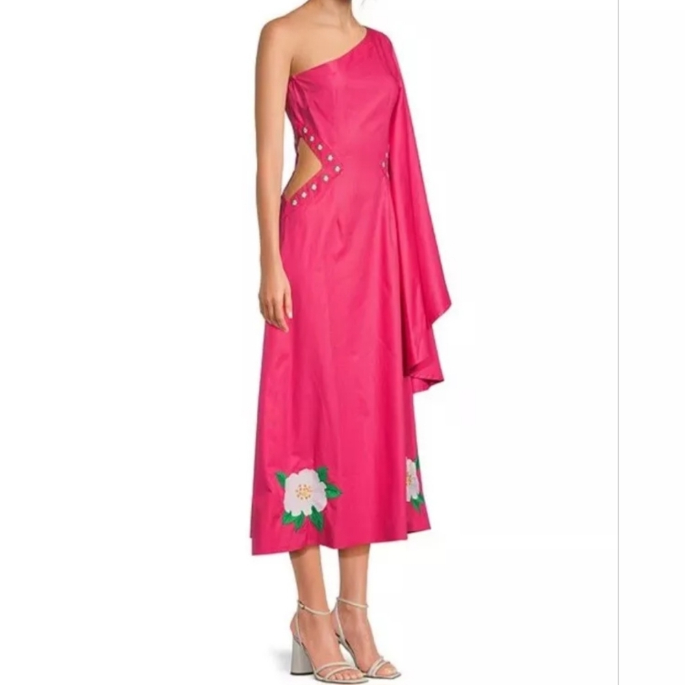 Fanm Mon Dress XS pink 100% Cotton Amarya Midi Cut Out One Shoulder Long New$400